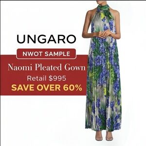 NWOT Sample Ungaro Naomi Iris Green Blue Pleated Halter Gown Fits Size Small